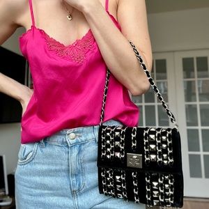 BLACK VELVET EVENING STUDDED CHAIN HANDBAG
